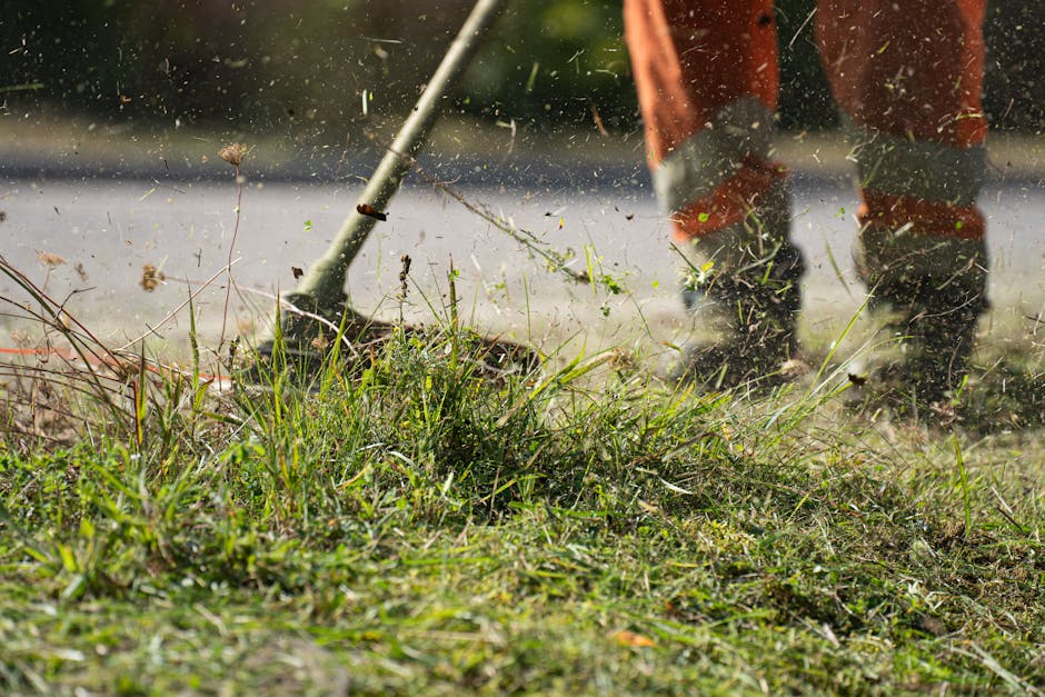 A person wearing orange work trousers and dark shoes is using a petrol-powered grass trimmer to clear overgrown grass and weeds in a garden. The garden features a mix of trimmed and untrimmed grass, w